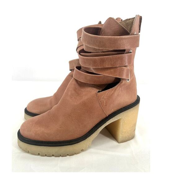 Free People Jesse Cutout Ankle Boots Womens Size 8.5 39 English Tan Strappy Zip - Picture 1 of 9